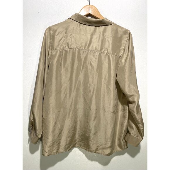 Casual Corner silk button up shirt neutral chapman brown minimalist women M - Picture 2 of 5